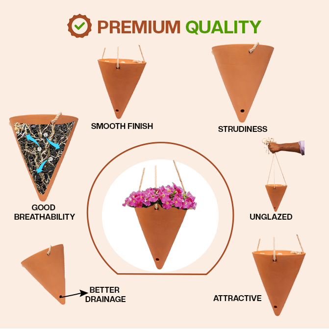Premium terracotta flower pot with smooth finish, good breathability, better drainage, and sturdy unglazed clay-ideal as an indoor planter or garden pot.
