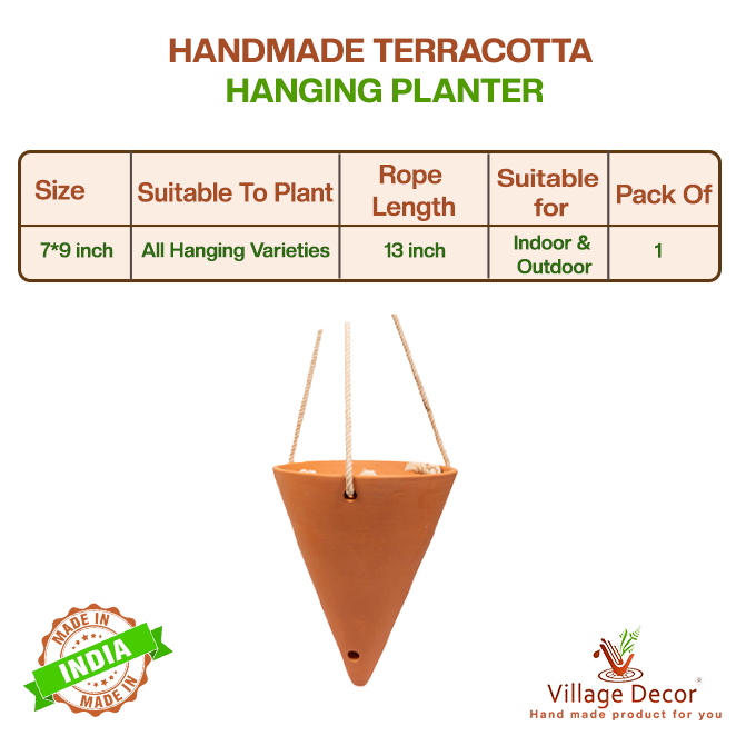 Handmade terracotta cone shape hanging planter pot with side drainage holes, ideal for growing varieties of indoors or outdoors plants.
