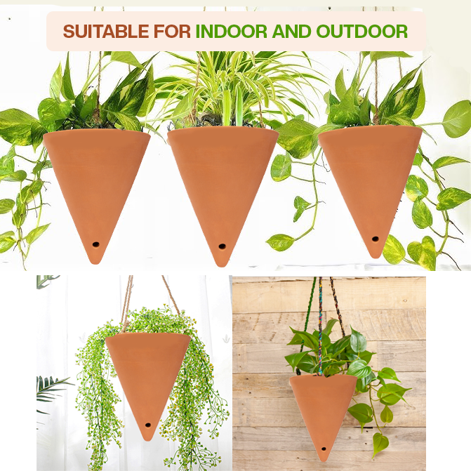 Hanging terracotta planters filled with trailing green plants, perfect for home or garden use.

