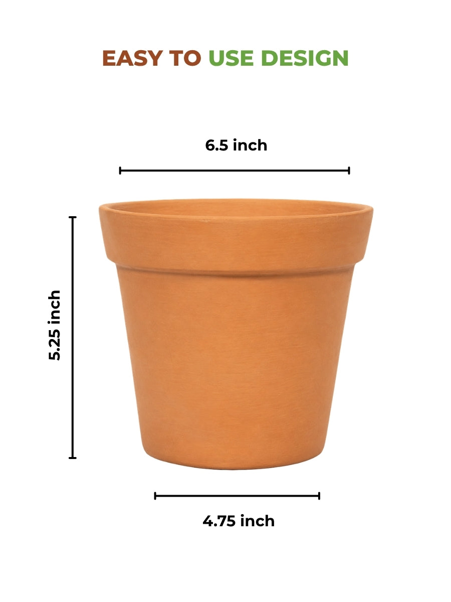 Terracotta cone shape planter pot showing detailed dimensions including top, bottom, height, and tray diameter for easy indoor or outdoor use.
