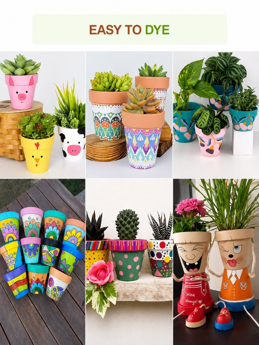 Colorfully Painted Terracotta Planters Pot  (Flower Pot) Showcasing A Variety Of Creative Designs, Highlighting The Easy-To-Dye Feature For Custom Decoration.