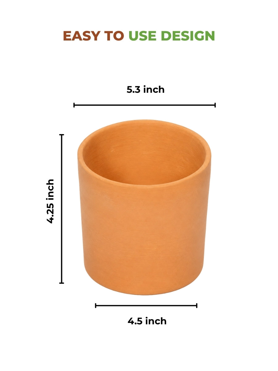 Detailed View Of Terracotta Cylinder Shape Planter pot, Showing Top, Bottom, Height.