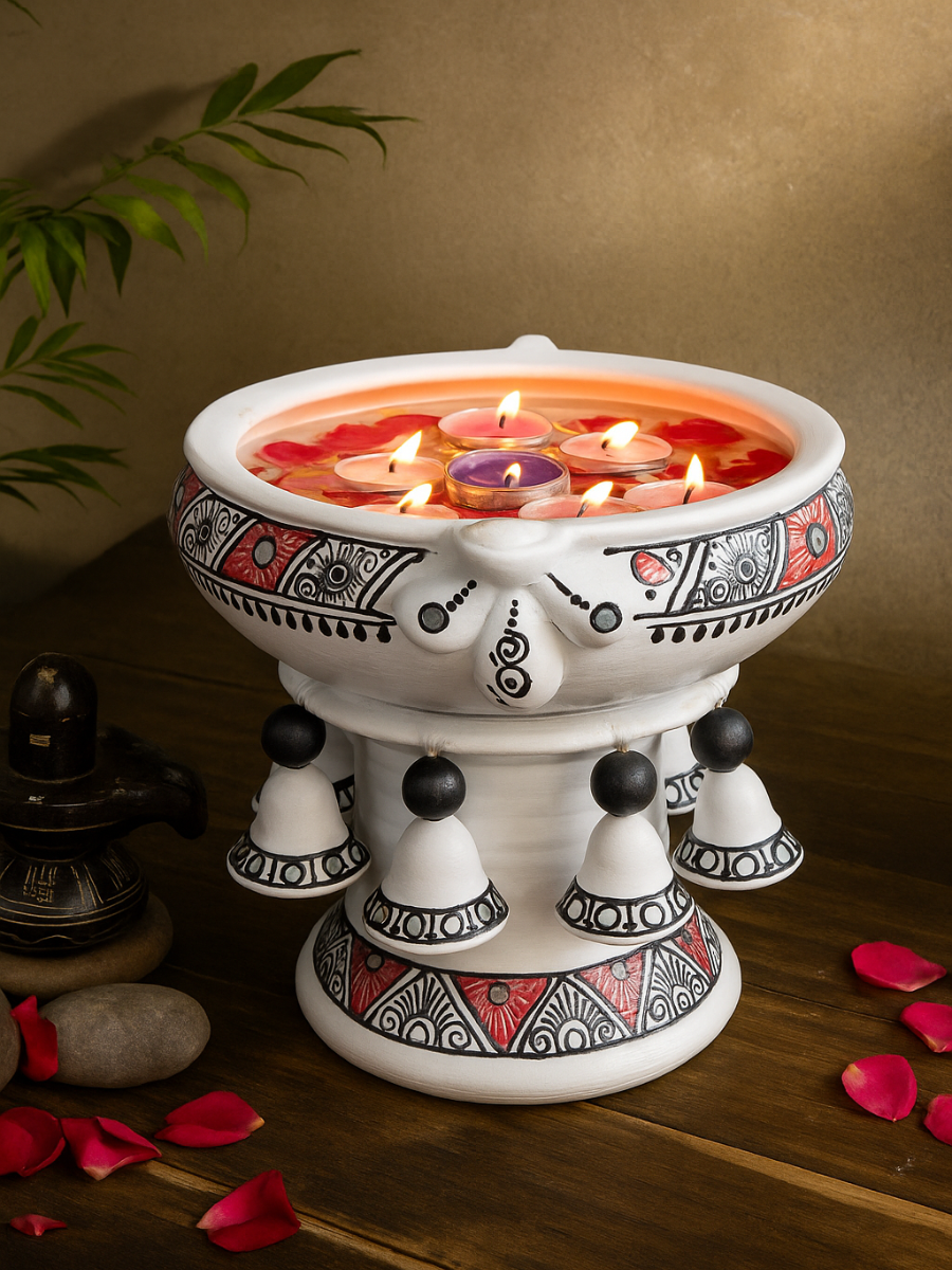 Handpainted terracotta decorative urli with stand, featuring a traditional design and 6-inch diameter, ideal for home decor, floral arrangements, and Vastu-inspired spaces.