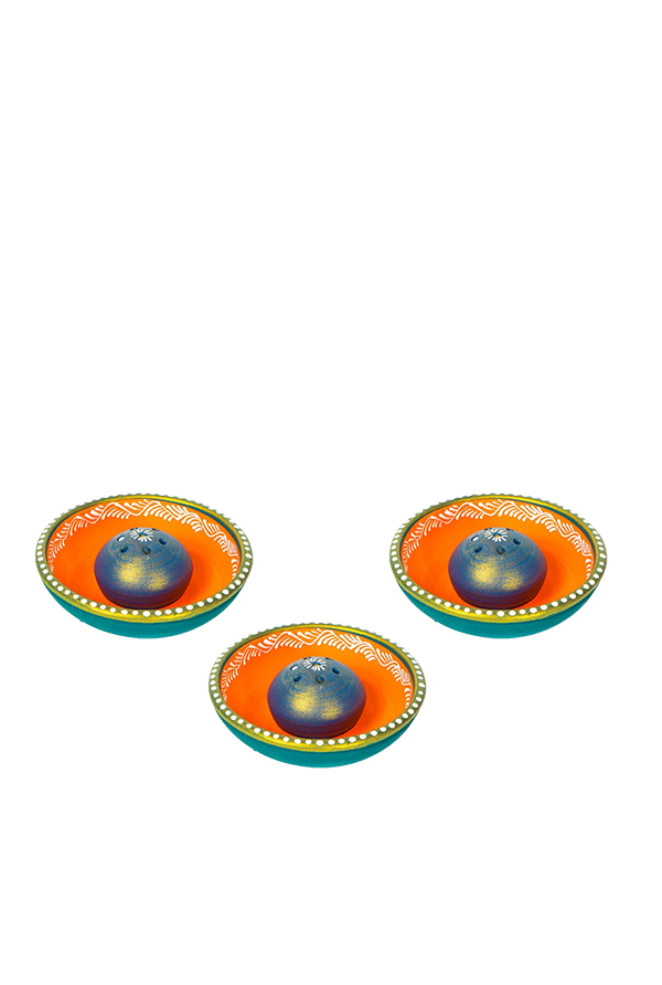 Set of 3 hand-painted terracotta incense stick holders with vibrant orange and green detailing, displayed on a white background.