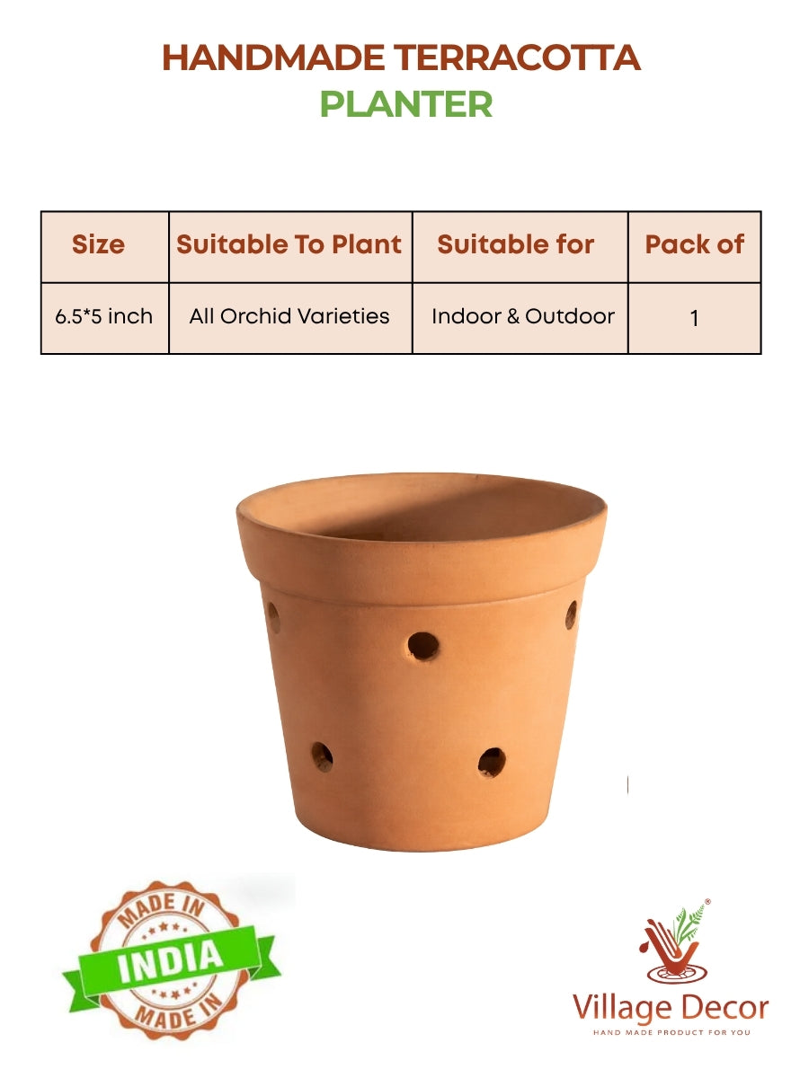 Handmade terracotta planter pot with side drainage holes and matching tray, ideal for growing all orchid varieties indoors or outdoors.

