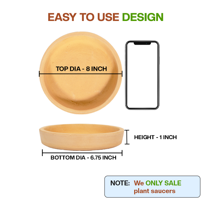 Terracotta plant saucer shown with top, bottom diameter and height dimensions, emphasizing easy-to-use design and clear note that only saucers are sold.

