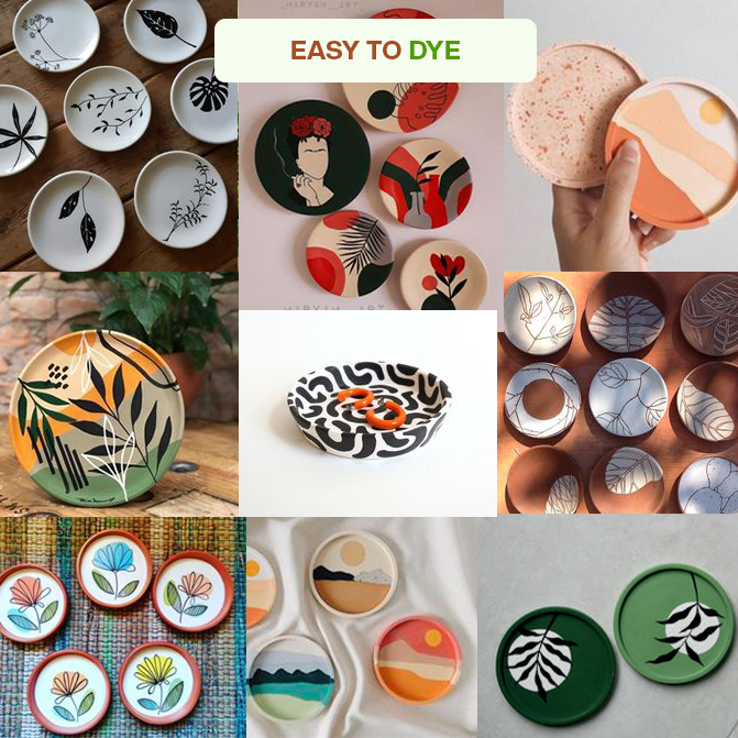 Collection of creatively painted terracotta trays showcasing how easily the surface can be dyed with custom colors and artistic designs for decoration.
