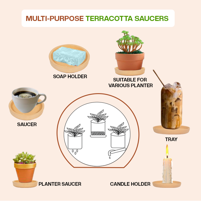 Visual showing various uses of terracotta saucers including planter base, soap holder, drink tray, candle holder, and cup saucer. Ideal for home or garden.
