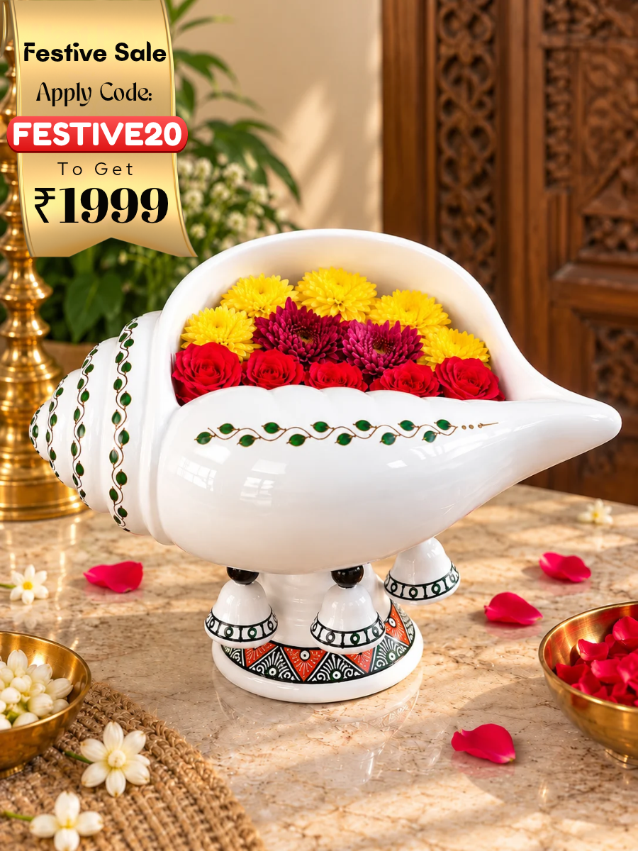Terracotta Sangu Urli with stand featuring a decorative flower design, 13-inch breadth, ideal for traditional home decor and floral arrangements.