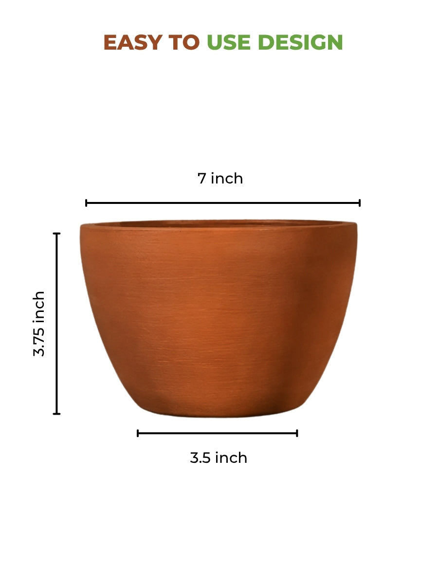 Terracotta Flower Pot showing easy to use design with dimension view and small size, ideal for indoor and outdoor plant lovers.
