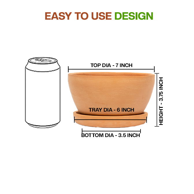Terracotta Flower Pot showing easy to use design with dimension view and small size, ideal for indoor and outdoor plant lovers.
