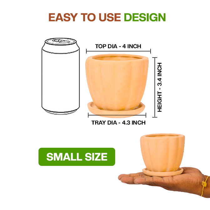 Terracotta Flower Pot showing easy to use design with dimension view and small size, ideal for indoor and outdoor plant lovers.
