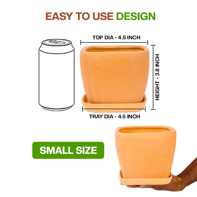Terracotta Flower Pot showing easy to use design with dimension view and small size, ideal for indoor and outdoor plant lovers.
