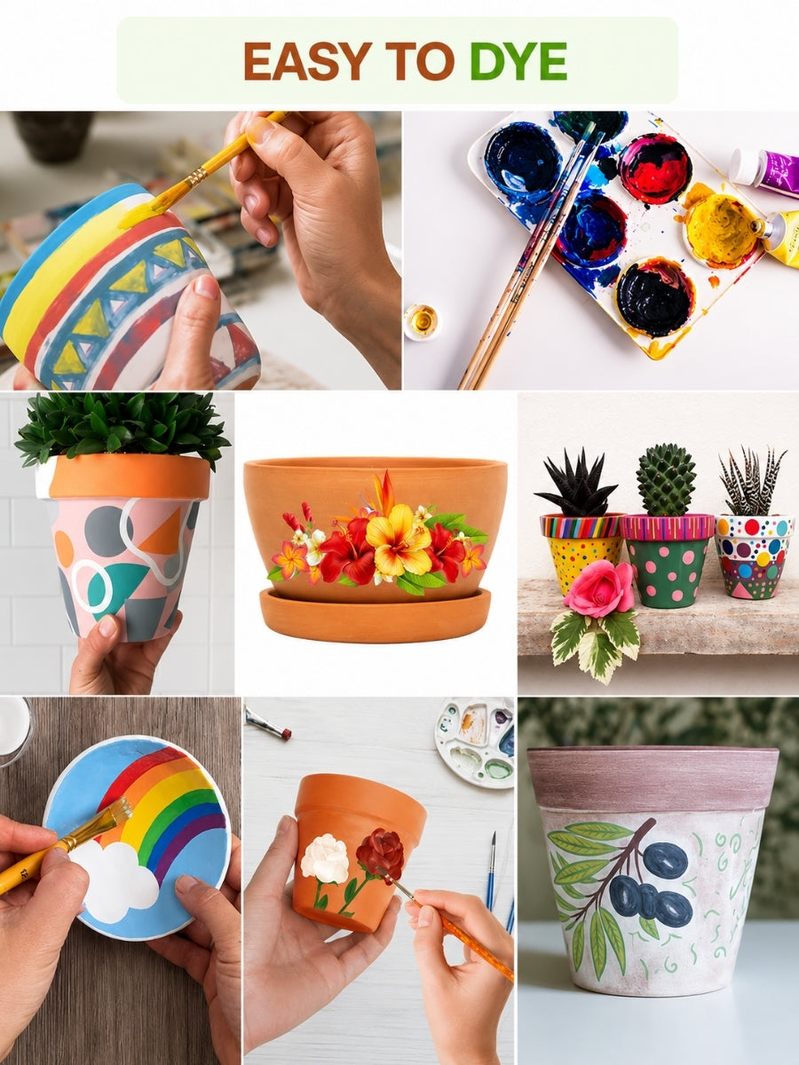 Diy Painted clay garden pots with floral and abstract artwork, showcasing creative decoration ideas for terracotta planters.
