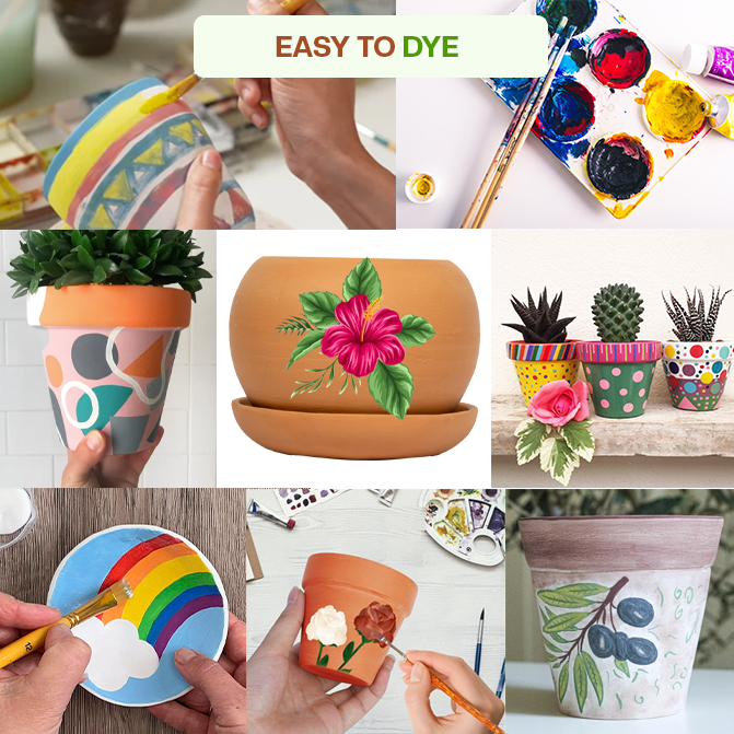 Diy Painted clay garden pots with floral and abstract artwork, showcasing creative decoration ideas for terracotta planters.
