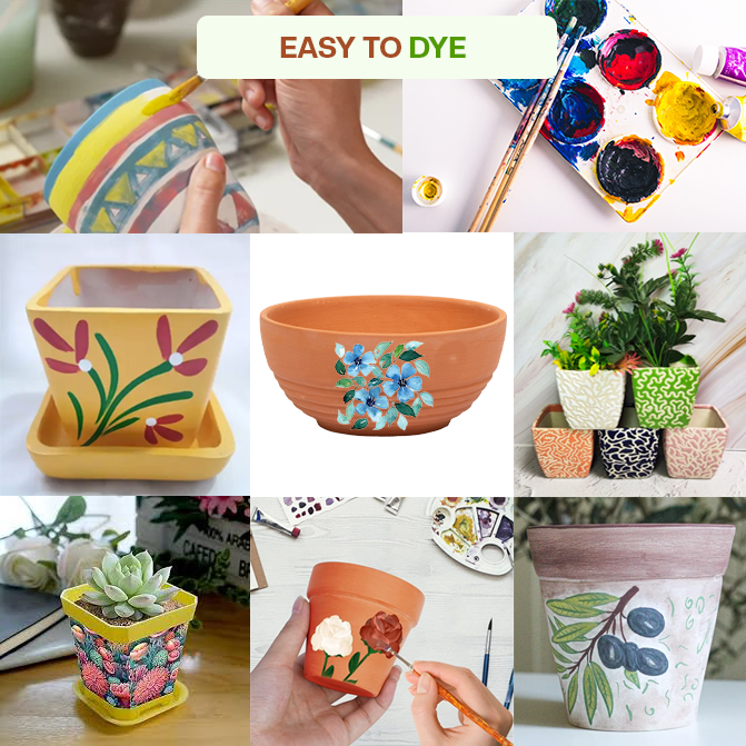 Diy Painted clay garden pots with floral and abstract artwork, showcasing creative decoration ideas for terracotta planters.
