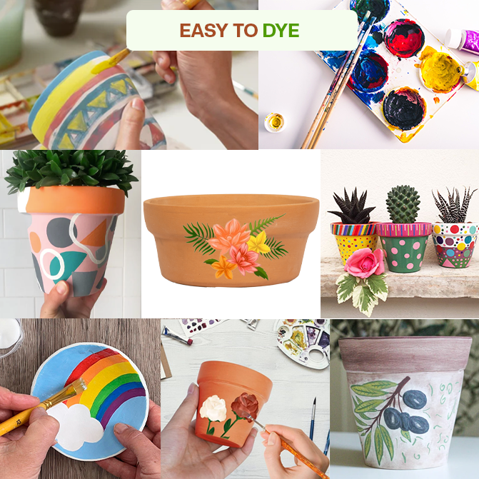 Diy Painted clay garden pots with floral and abstract artwork, showcasing creative decoration ideas for terracotta planters.
