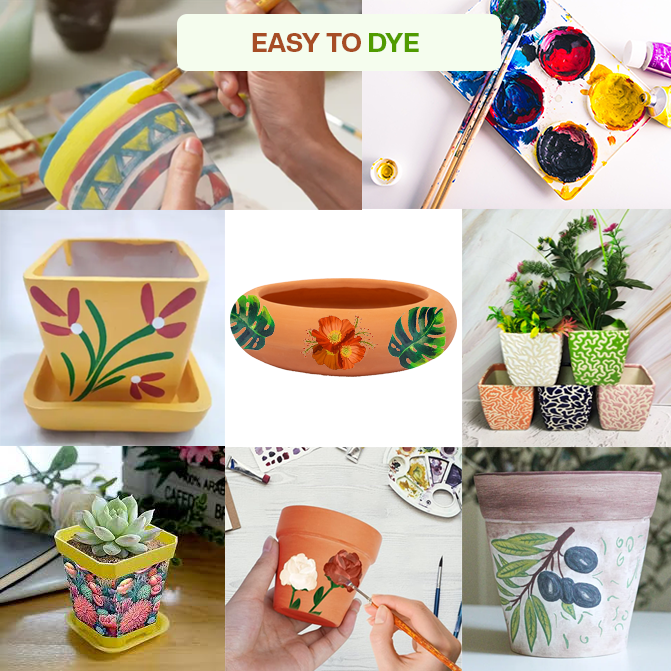 Diy Painted clay garden pots with floral and abstract artwork, showcasing creative decoration ideas for terracotta planters.

