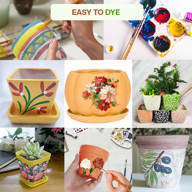 Diy Painted clay garden pots with floral and abstract artwork, showcasing creative decoration ideas for terracotta planters.
