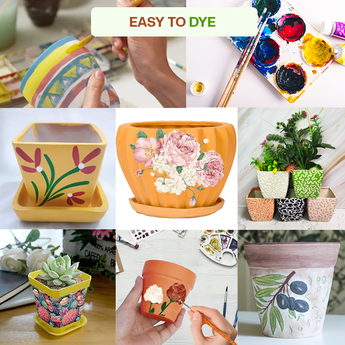 Diy Painted clay garden pots with floral and abstract artwork, showcasing creative decoration ideas for terracotta planters.
