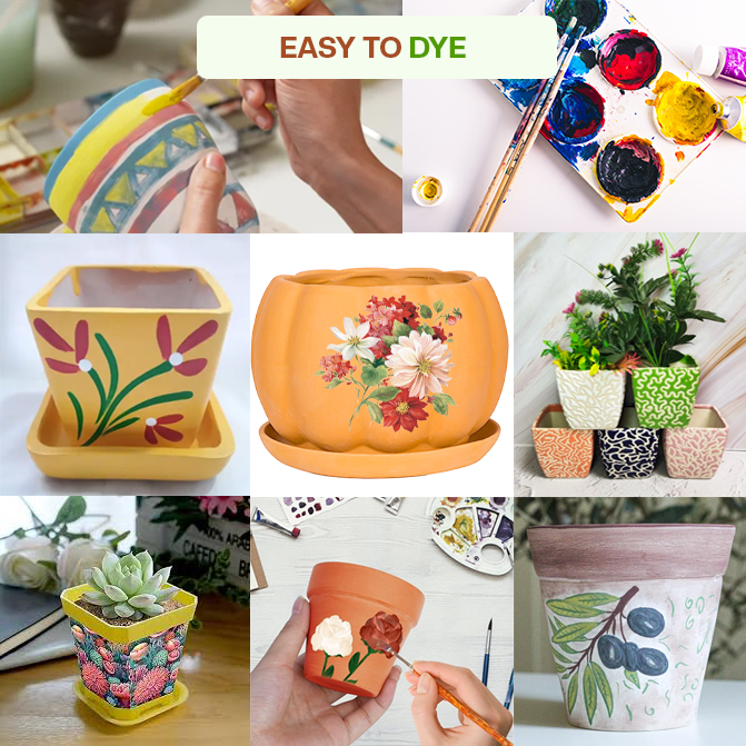 Diy Painted clay garden pots with floral and abstract artwork, showcasing creative decoration ideas for terracotta planters.
