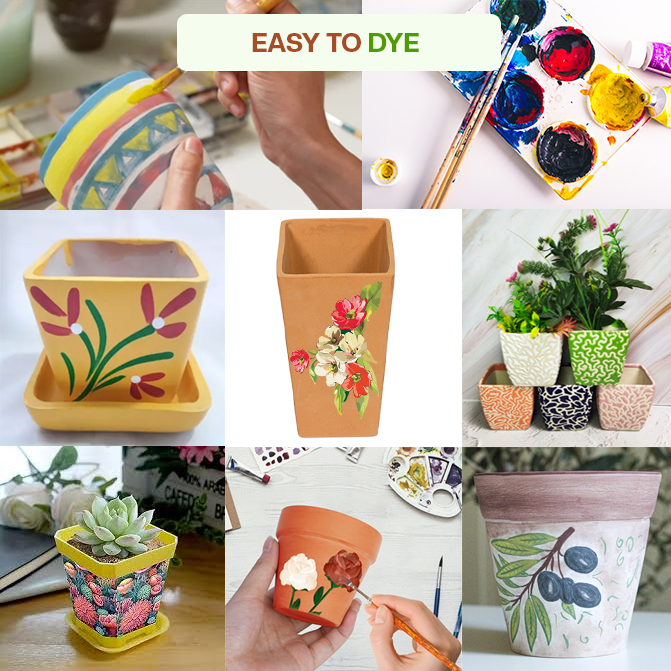 Diy Painted clay garden pots with floral and abstract artwork, showcasing creative decoration ideas for terracotta planters.
