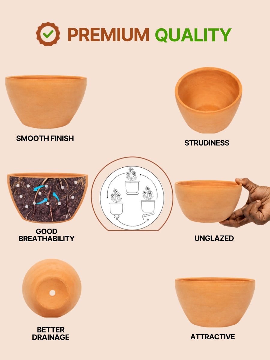 Terracotta Shape planter highlighting product features like smooth finish, sturdiness, good breathability, better drainage, unglazed design, and attractive look.
