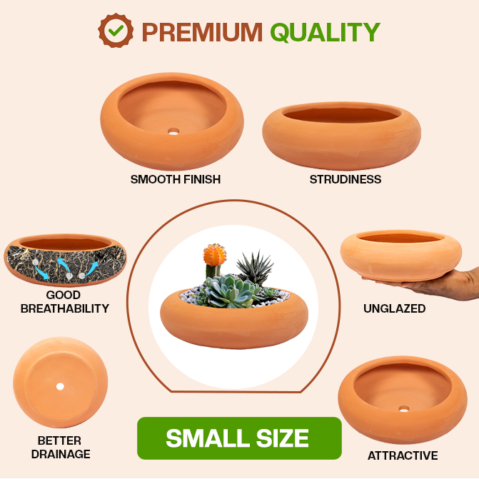 Terracotta Shape planter highlighting product features like smooth finish, sturdiness, good breathability, better drainage, unglazed design, and attractive look.
