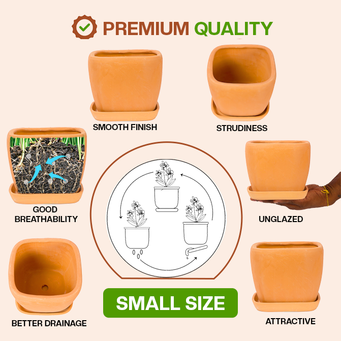 Terracotta Shape planter highlighting product features like smooth finish, sturdiness, good breathability, better drainage, unglazed design, and attractive look.
