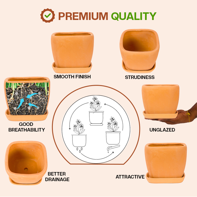 Terracotta Shape planter highlighting product features like smooth finish, sturdiness, good breathability, better drainage, unglazed design, and attractive look.
