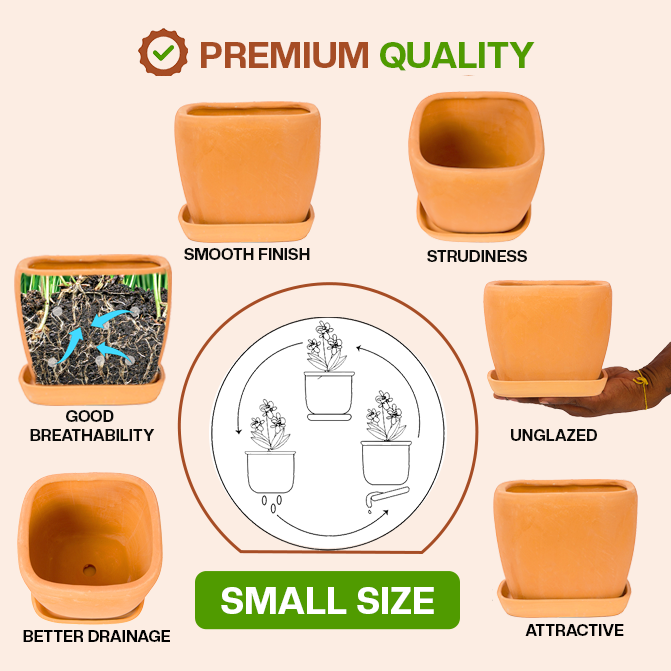 Terracotta Shape planter highlighting product features like smooth finish, sturdiness, good breathability, better drainage, unglazed design, and attractive look.
