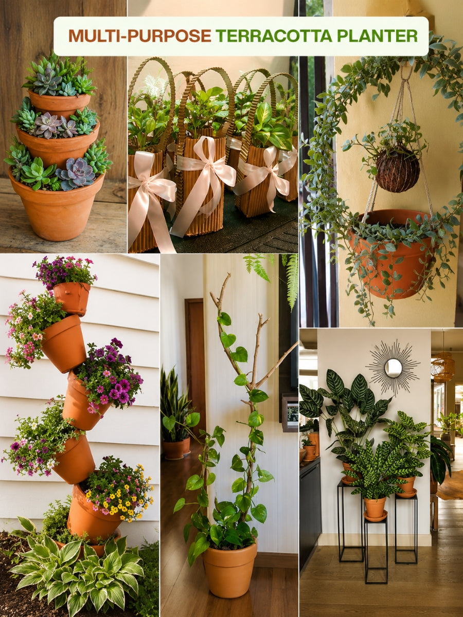 Multi-purpose terracotta indoor planter ideal for flowering plants, herbs, and balcony garden setups.
