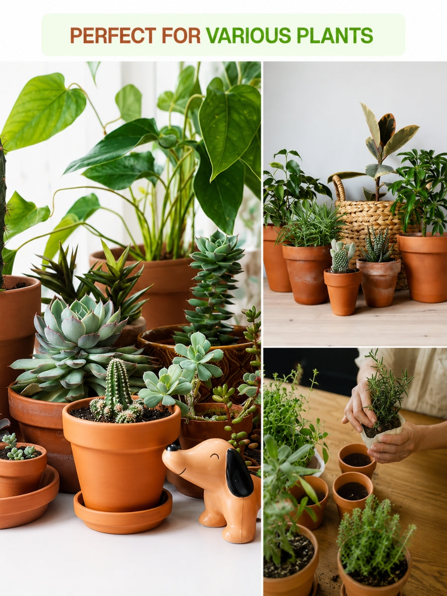 Terracotta clay garden pots filled with succulents, herbs, and leafy indoor plants, ideal for home, balcony, or table decor.
