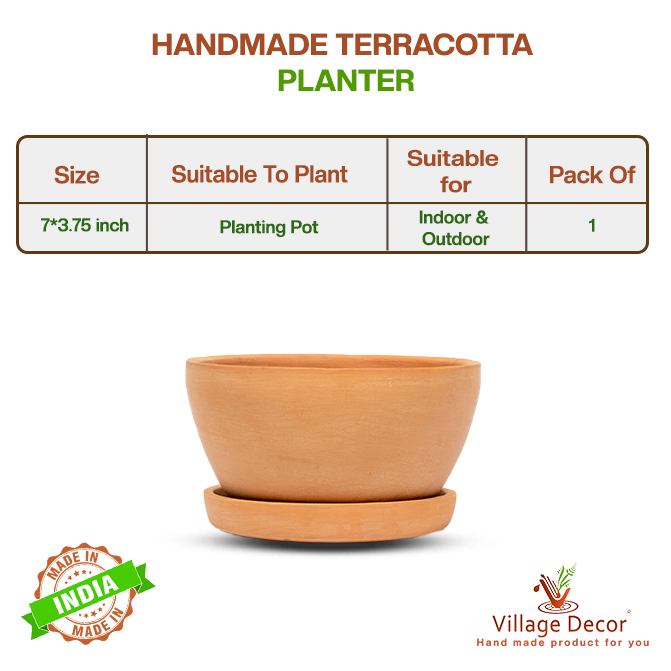 Handmade terracotta planter pot suitable for all varieties, ideal for indoor and outdoor use, image showing detailed product specifications.
