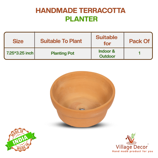 Handmade terracotta planter pot suitable for all varieties, ideal for indoor and outdoor use, image showing detailed product specifications.
