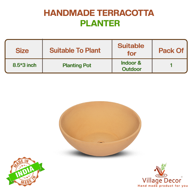 Handmade terracotta planter pot suitable for all varieties, ideal for indoor and outdoor use, image showing detailed product specifications.

