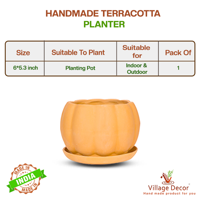 Handmade terracotta planter pot suitable for all varieties, ideal for indoor and outdoor use, image showing detailed product specifications.
