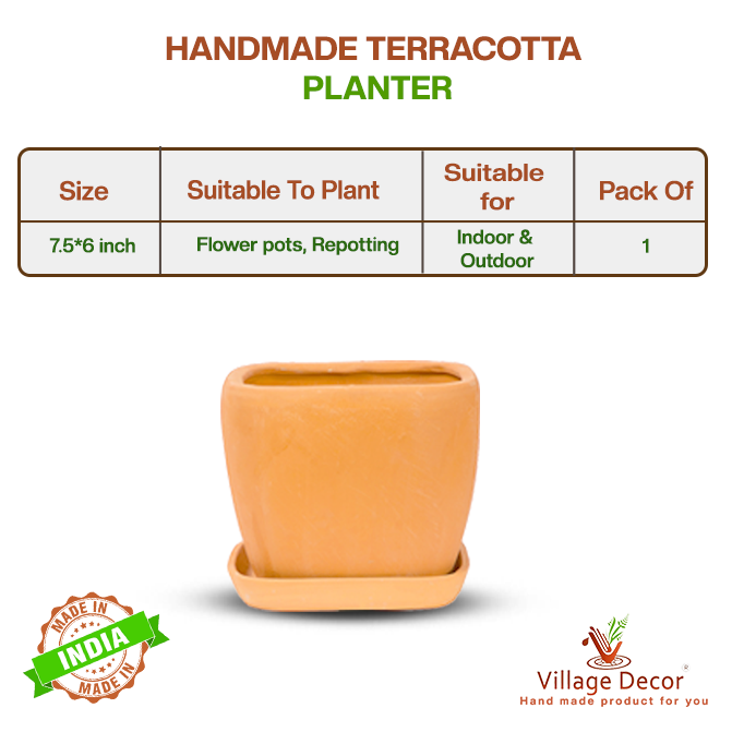 Handmade terracotta planter pot suitable for all varieties, ideal for indoor and outdoor use, image showing detailed product specifications.
