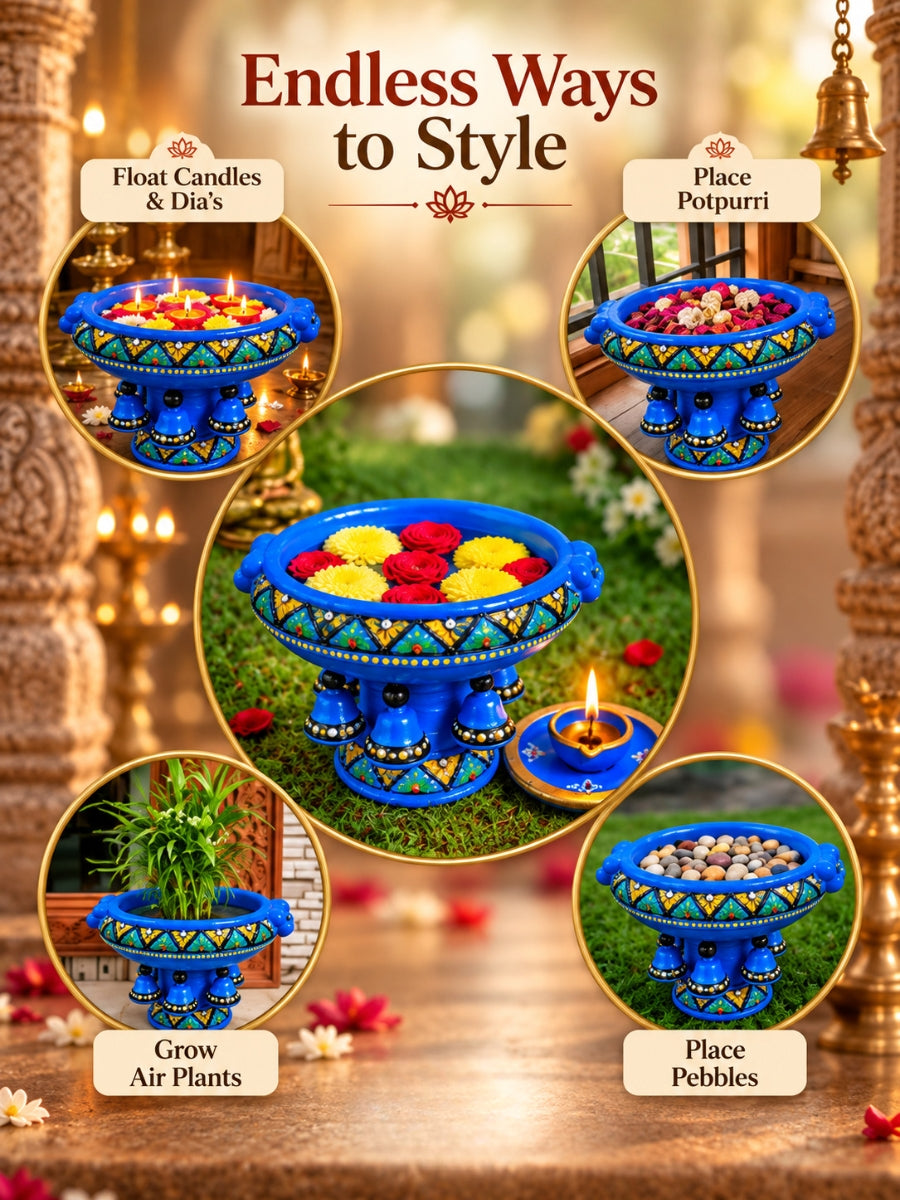 Temple Blue Urli showpiece vastu bowl styled with flowers, diya, potpourri, air plants and pebbles for versatile traditional home decor.