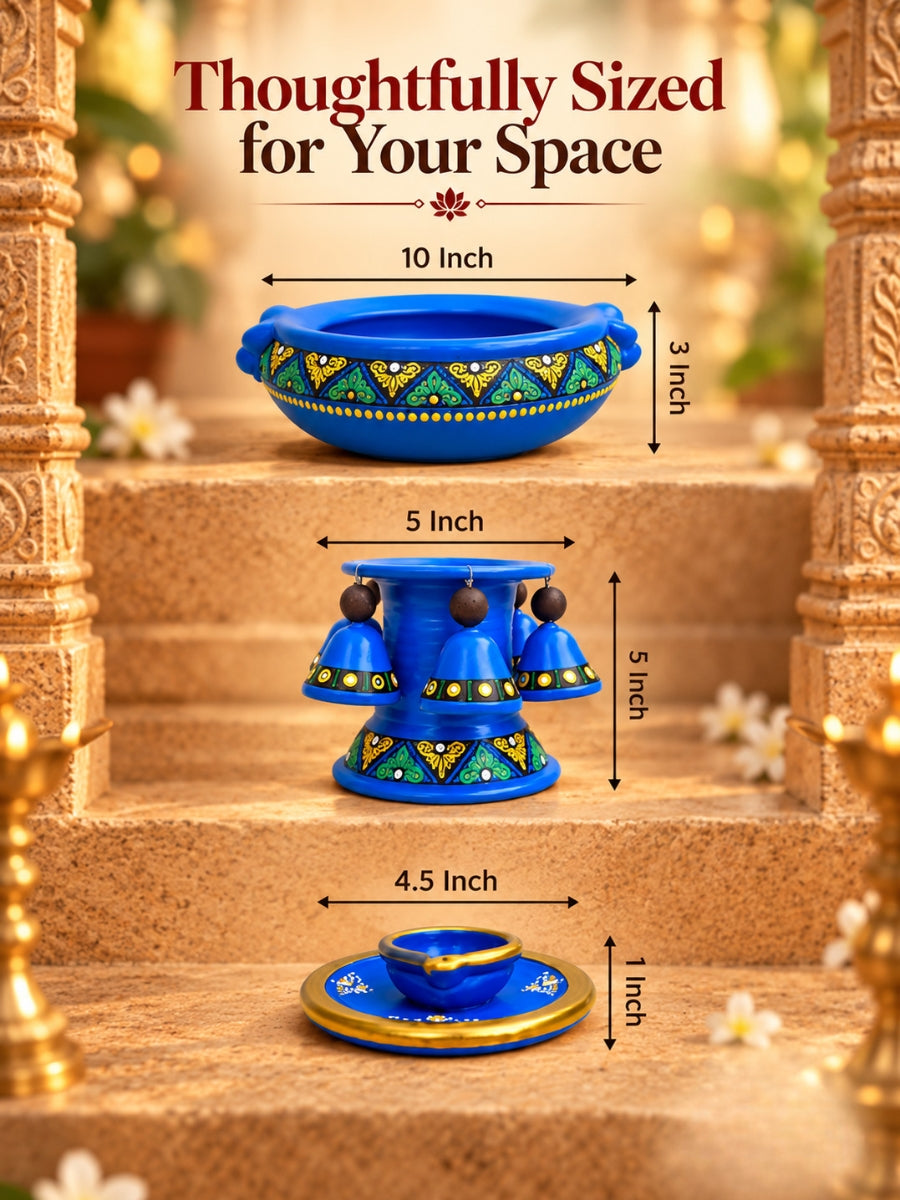 Temple Blue Urli showpiece vastu bowl with diya, featuring a 10 inch Urli, 5 inch stand and 4.5 inch plate lamp for elegant home decor.