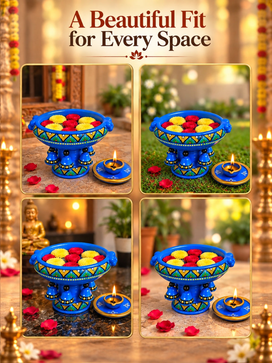 Temple Blue Urli showpiece vastu bowl with diya and flowers, beautifully styled for pooja rooms, gardens, living rooms and home decor.