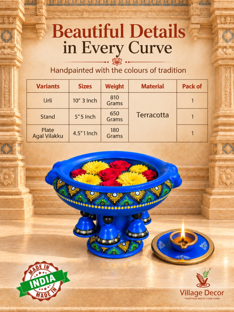 Temple Blue Urli showpiece vastu bowl with handpainted traditional art, flower-filled design and diya, crafted from terracotta for home decor.