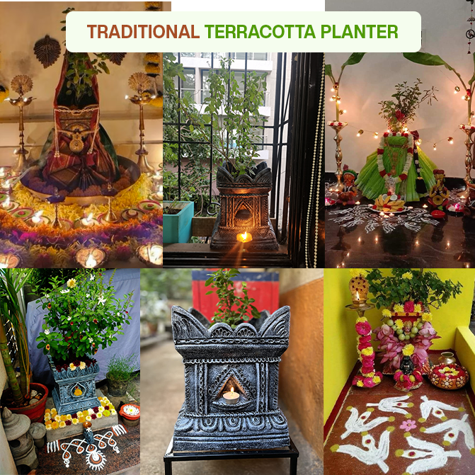 Traditional terracotta Tulsi planters decorated for pooja, festivals, and home altars, showcasing sacred and cultural uses in Indian homes.
