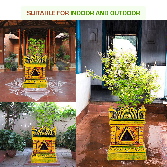 Terracotta Tulsi Pot placed in indoor and outdoor settings, showcasing its durability and suitability for both pooja rooms and gardens.
