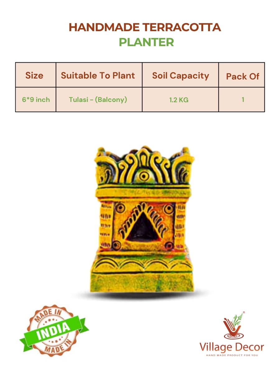 Product details of handcrafted terracotta Tulsi Pot from Village Decor, showing size, soil capacity, and suitability to plant Tulasi.
