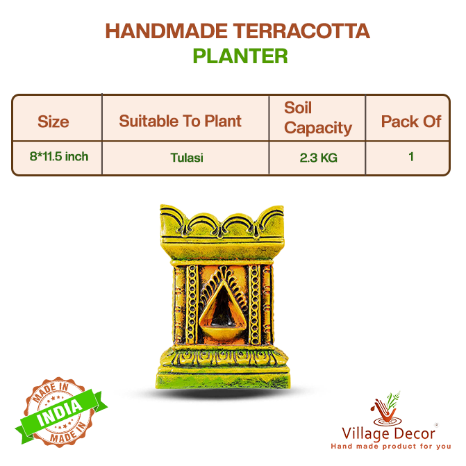 Product details of handcrafted terracotta Tulsi Pot from Village Decor, showing size, soil capacity, and suitability to plant Tulasi.
