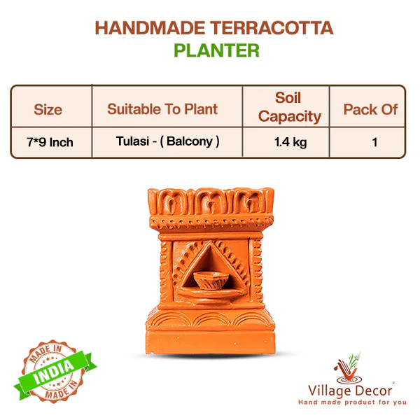 Product details of handcrafted terracotta Tulsi Pot from Village Decor, showing size, soil capacity, and suitability to plant Tulasi.
