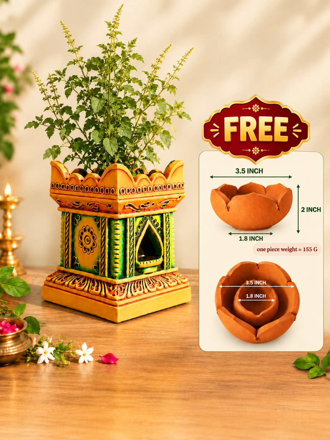 Traditional terracotta Tulsi pot with a complimentary lamp, ideal for Tulsi plant placement, pooja rituals, and spiritual home decor.