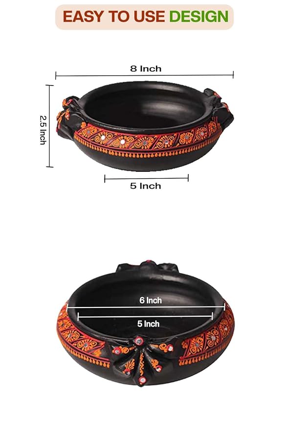 Front and top view of terracotta urli showing detailed size dimensions including diameter and height, with floral handpainting and easy to use design label.