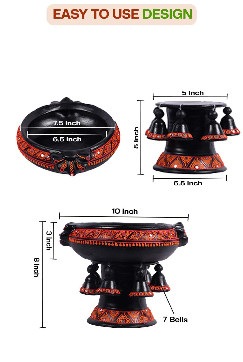 Front and top view of terracotta urli showing detailed size dimensions including diameter and height, with floral handpainting and easy to use design label.